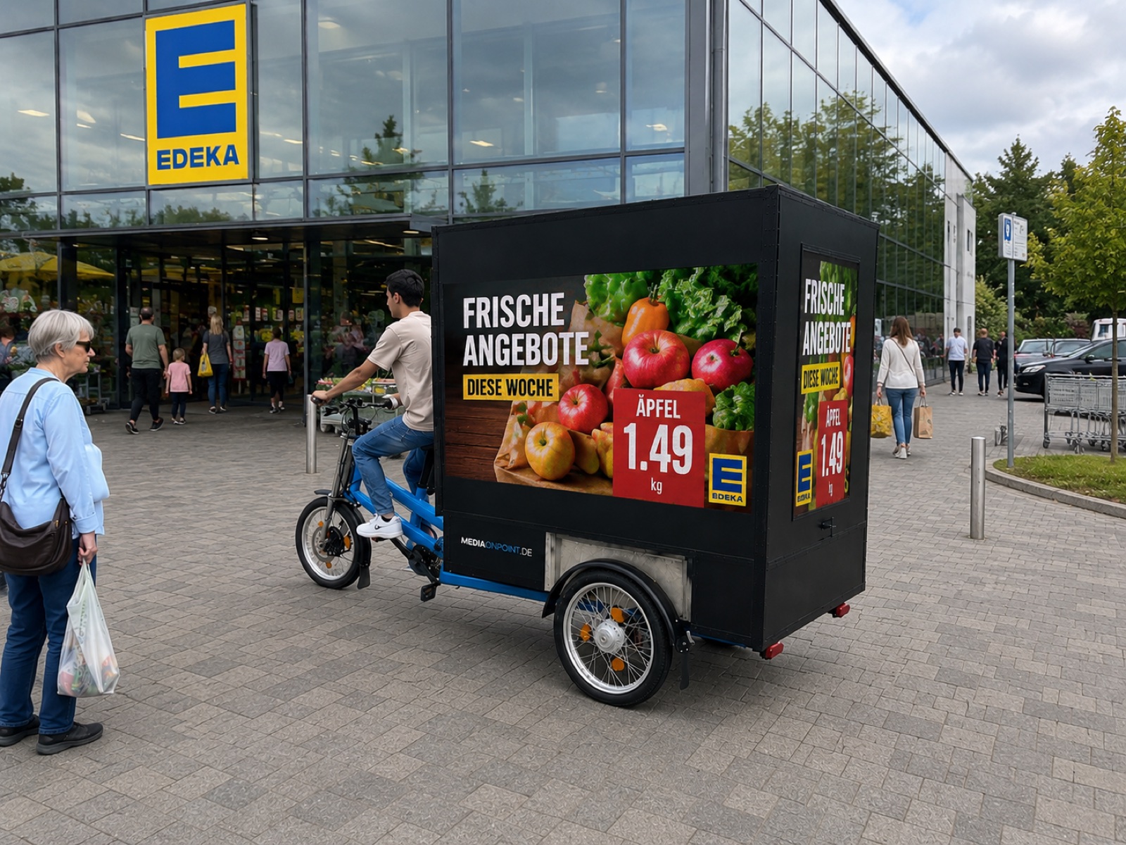 E-Bike mit Supermarkt-Angebot vor einem Edeka